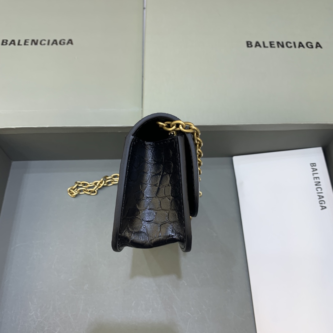 Balenciaga Gossip Wallet on chain Crocodile Embossed Calfskin Shouler Bag Black